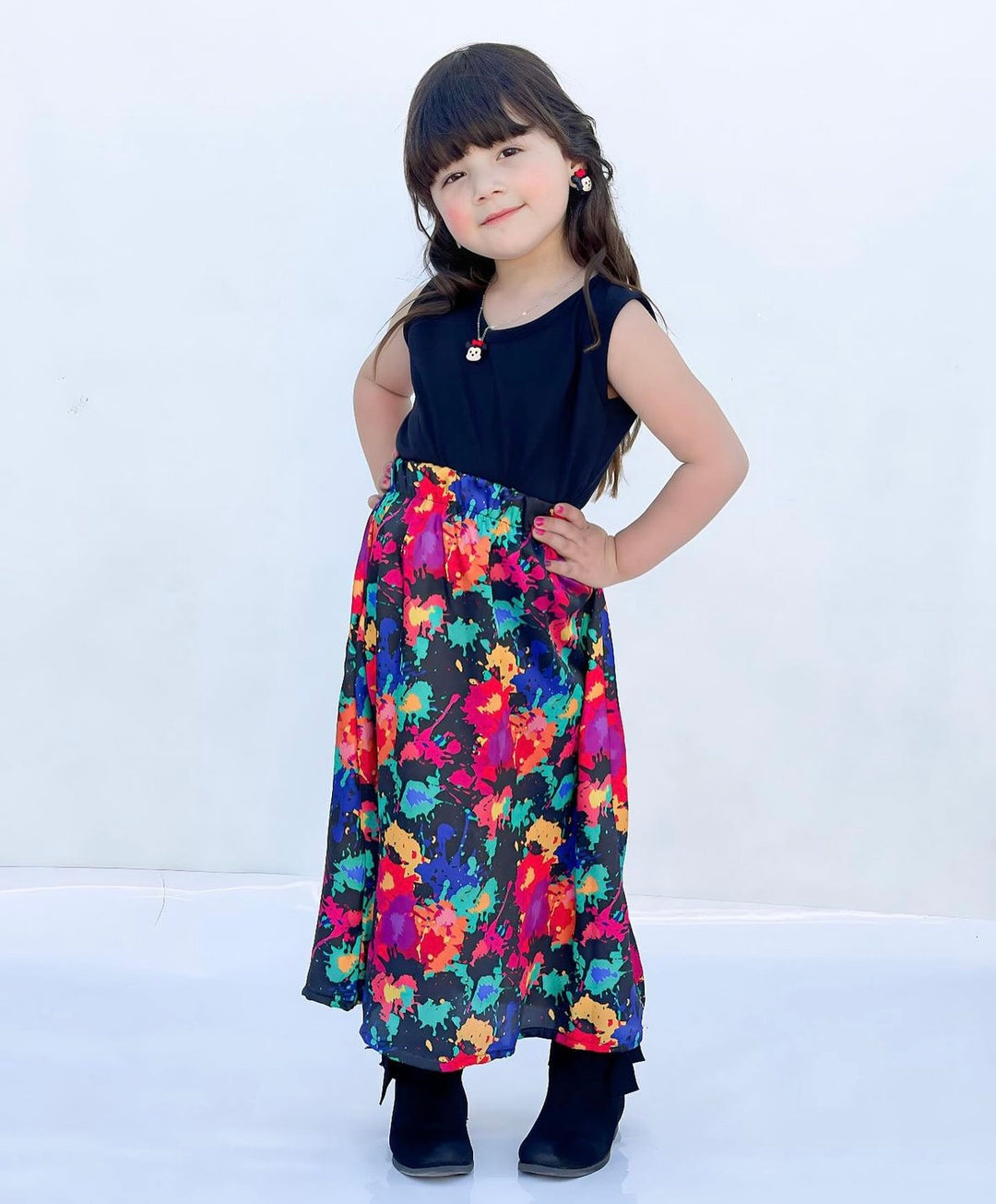 Baby girl black top with multi tie dye style printed skirt - #120