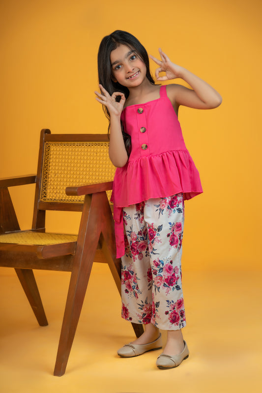 Baby girl pink button style top with printed pant - #SH-726