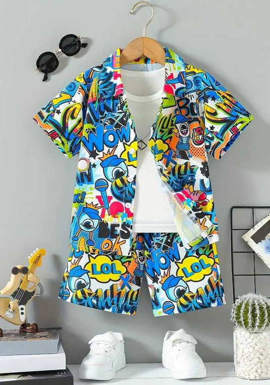 Baby/boy summer blue graphics cartoon style printed shirt and short - #SH-729