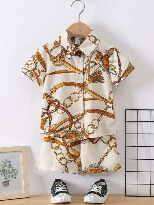 Baby/boy summer golden chain printed style shirt and short - #SH-728