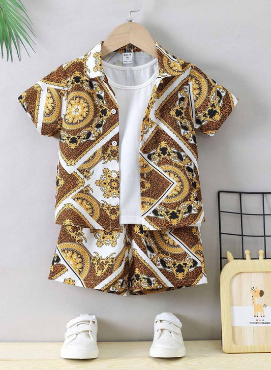 Baby/boy summer white and golden printed style shirt and short - #SH-731