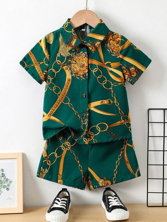 Baby/boy green chain style printed shirt and short - #SH-727