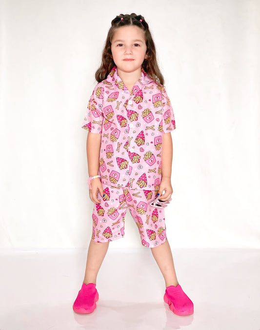 Baby girl pinky fries style printed kids short and shirt - #SS514