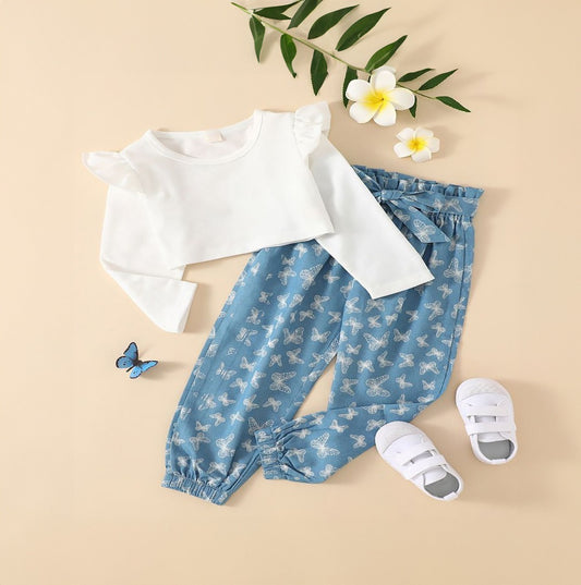 Baby girl white top with butterfly printed pant - #114