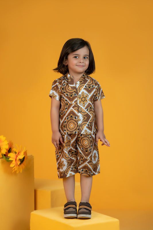 Baby/boy summer white and golden printed style shirt and short - #SH-731