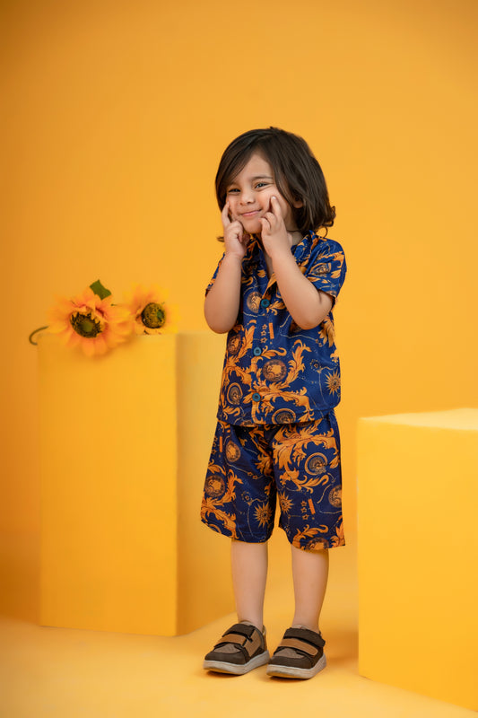 Baby/boy summer Navy blue and golden printed style shirt and short - #SH-730