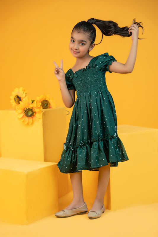 Baby girl bottle green bubbled sleeves style pleated polka dot dress - #SH-723