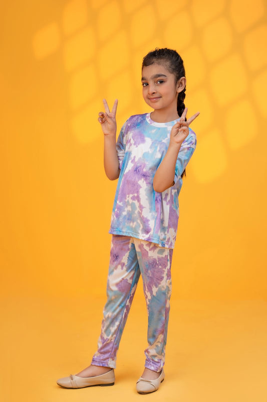 Baby girl summer blue and purple tie dye style printed tracksuit - #SH-739