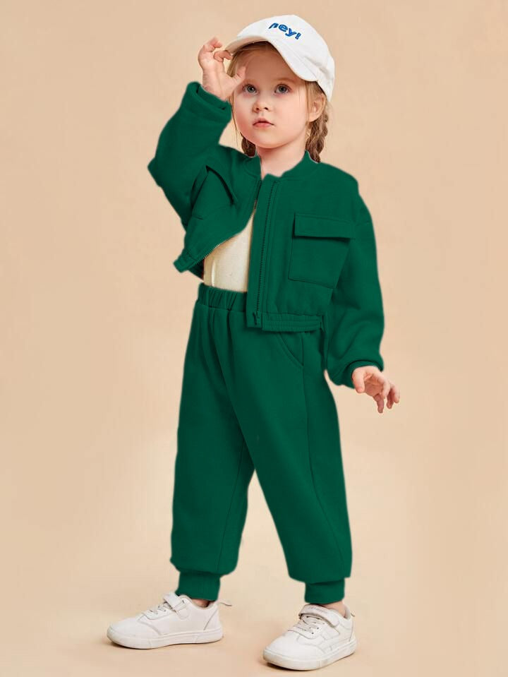 Baby girl bottle green zipper style winter fleece tracksuit - #WS00-03