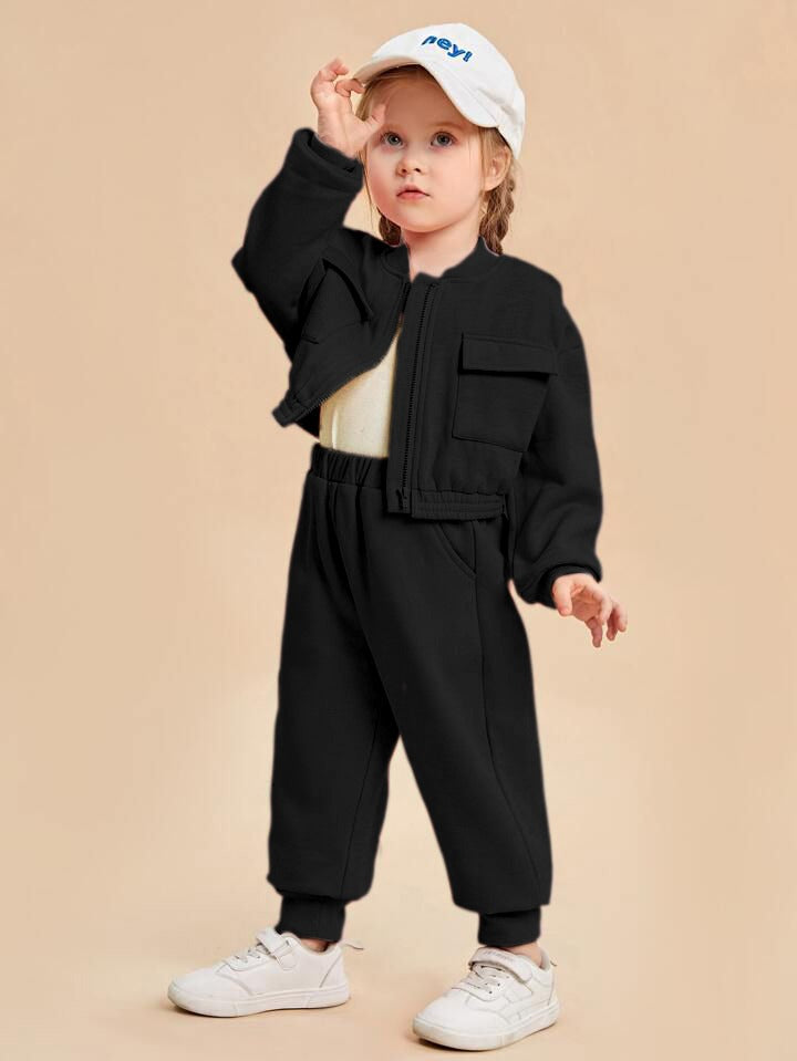 Baby girl black zipper style winter fleece tracksuit - #WS00-04