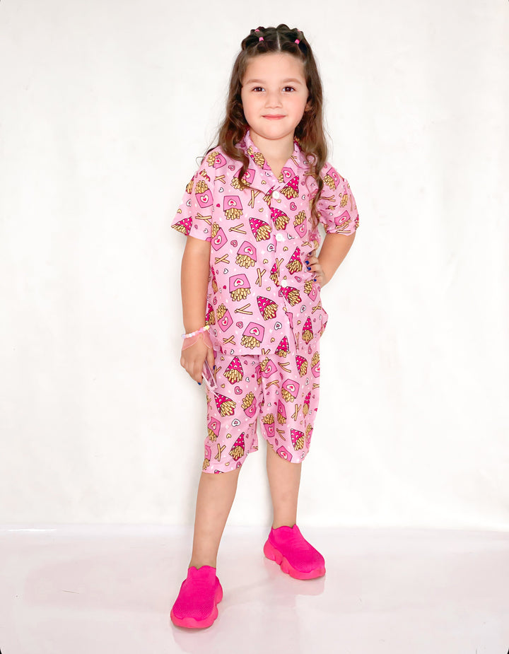 Baby girl pinky fries style printed kids short and shirt - #SS514