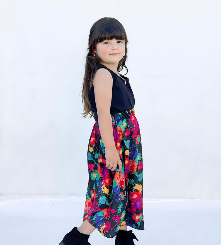 Baby girl black top with multi tie dye style printed skirt - #120