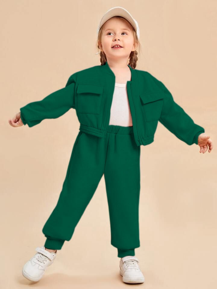 Baby girl bottle green zipper style winter fleece tracksuit - #WS00-03