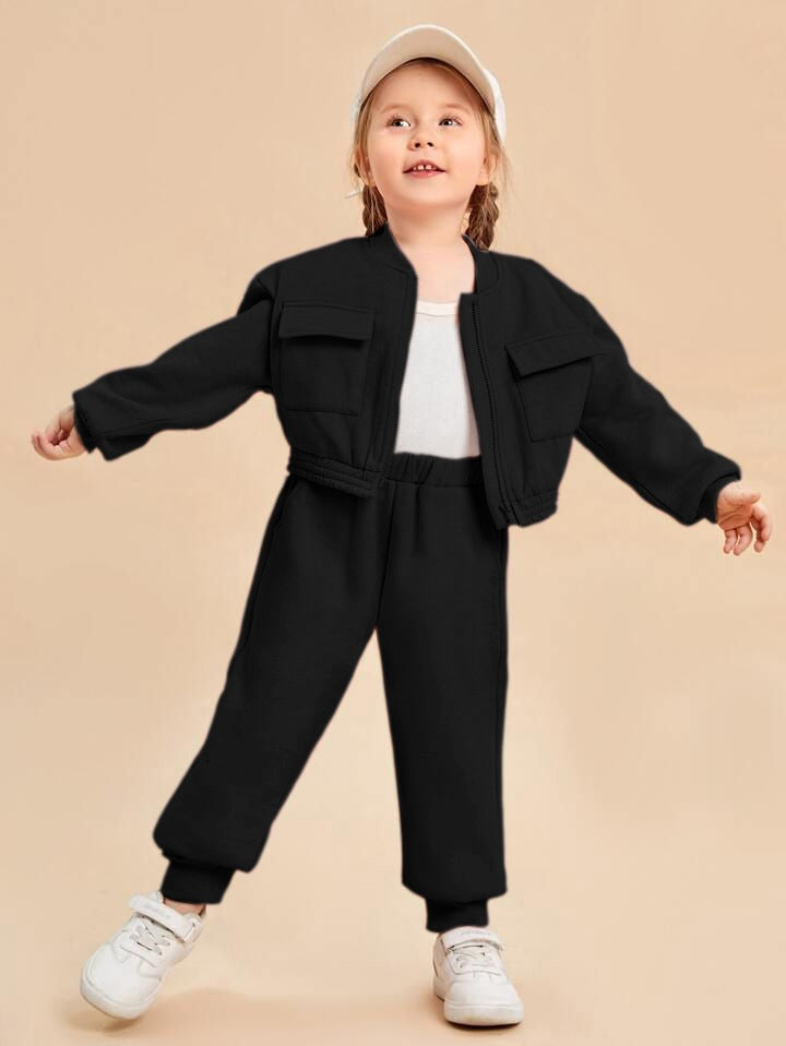 Baby girl black zipper style winter fleece tracksuit - #WS00-04