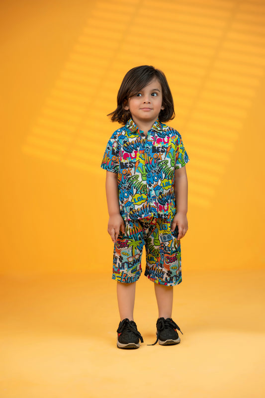 Baby/boy summer blue graphics cartoon style printed shirt and short - #SH-729