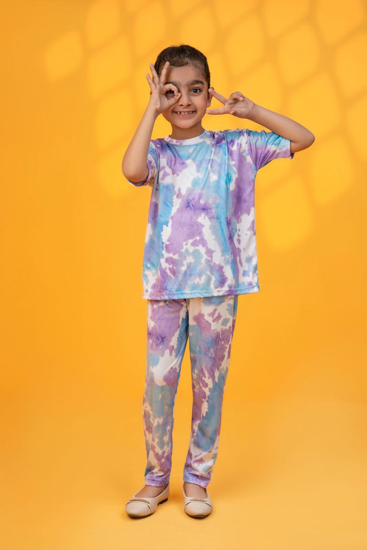 Baby girl summer blue and purple tie dye style printed tracksuit - #SH-739