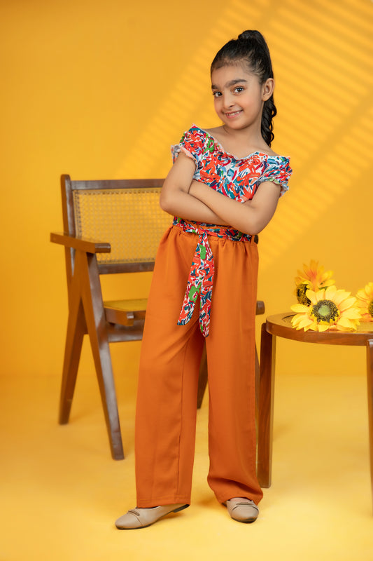 Baby girl multi printed top with orange pant - #SH-709