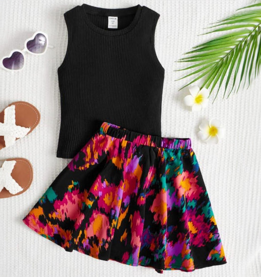 Baby girl black top with multi tie dye style printed skirt - #120