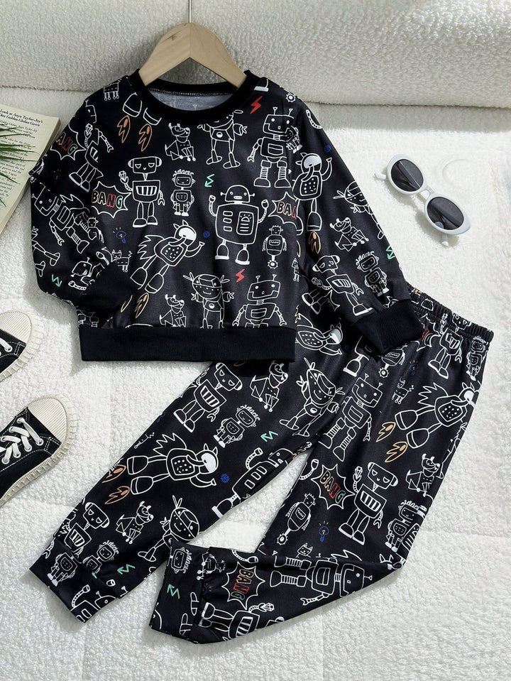 Baby/boy black robot style printed kids winter fleece tracksuit - #WP-003