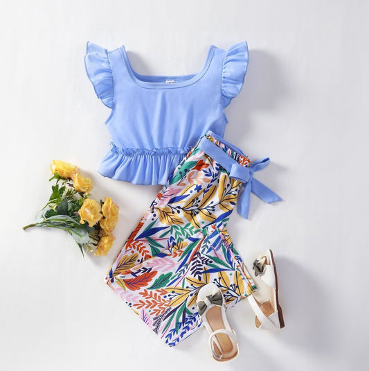 Baby girl blue top with multi floral style pant - #113