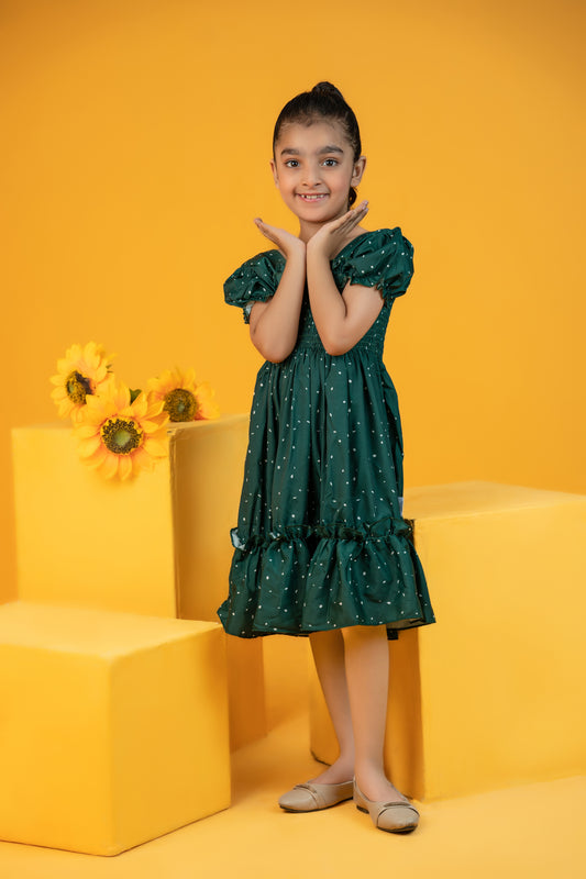 Baby girl bottle green bubbled sleeves style pleated polka dot dress - #SH-723