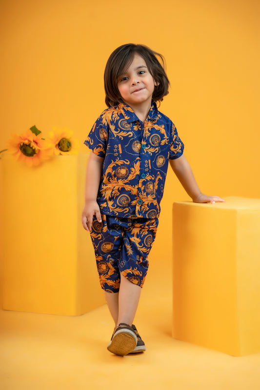 Baby/boy summer Navy blue and golden printed style shirt and short - #SH-730