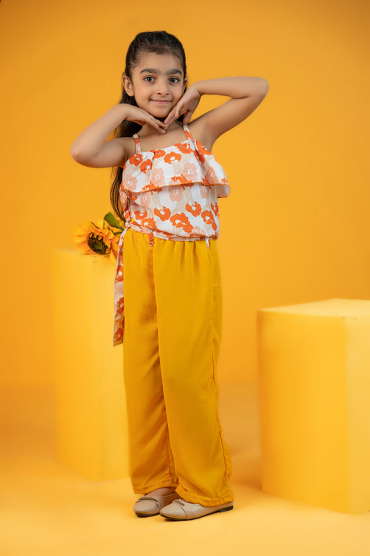 Baby girl floral style printed top with yellow pant - #SH-706