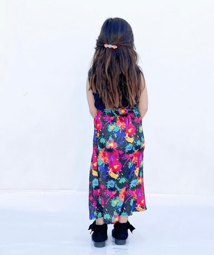 Baby girl black top with multi tie dye style printed skirt - #120