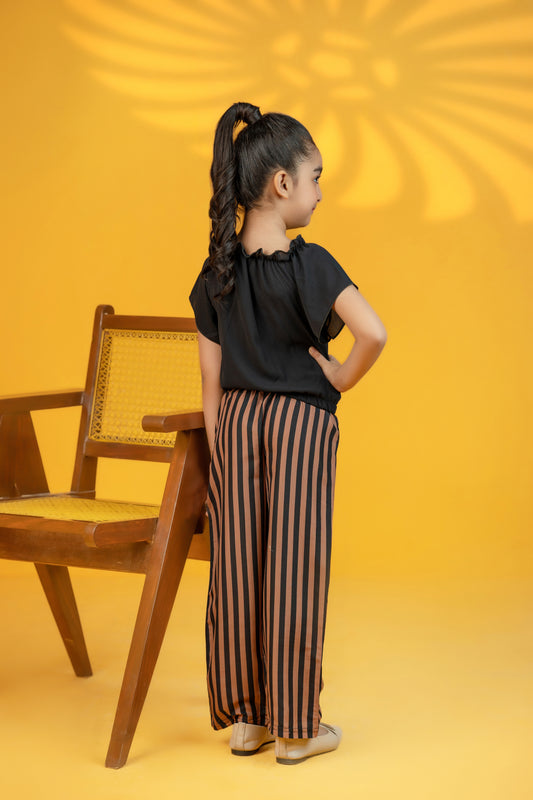 Baby girl black top with mustard and black printed dress - #SH-710