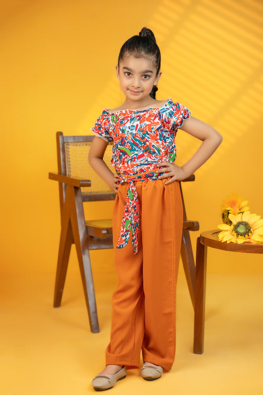 Baby girl multi printed top with orange pant - #SH-709