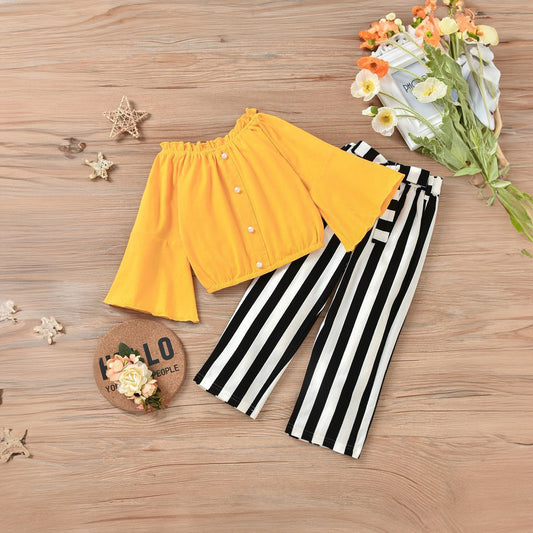 Baby girl yellow top with black and white lining pant - #98