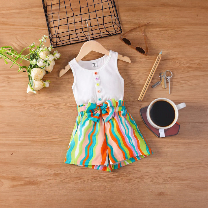 Baby girl white top with multi printed short - #99