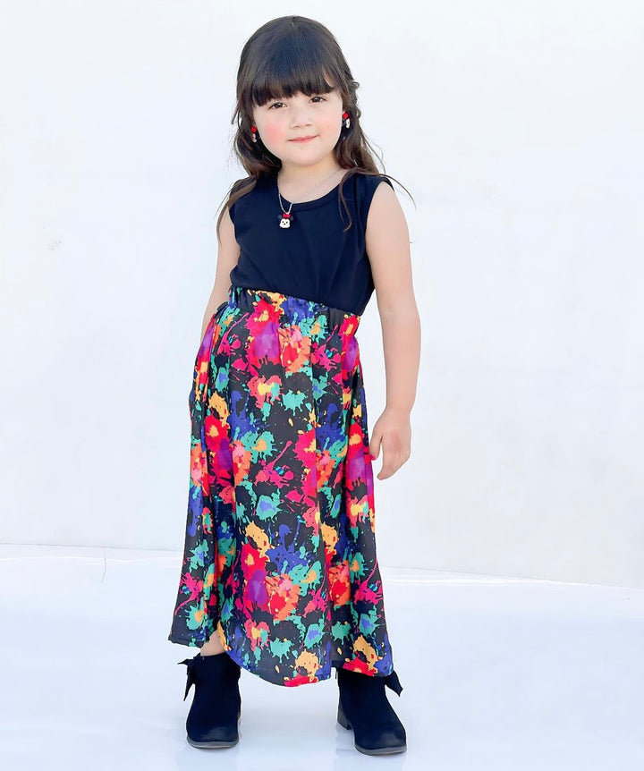 Baby girl black top with multi tie dye style printed skirt - #120