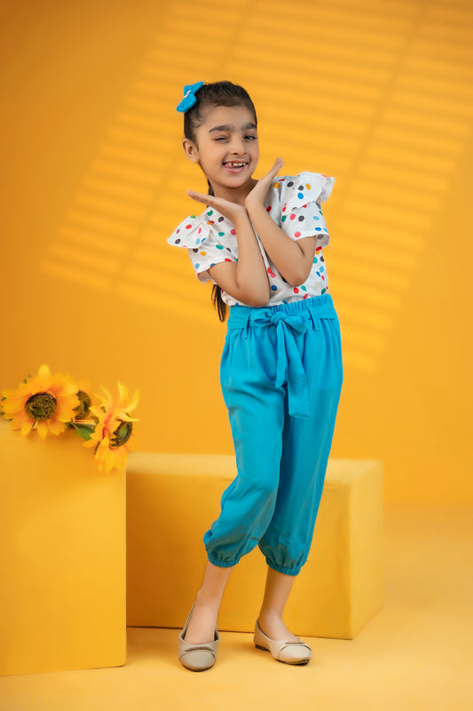 Baby girl multi polka dot style top with blue pant - #SH-703