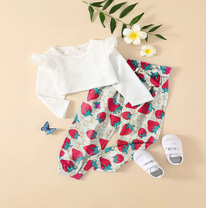 Baby girl white top with strawberry printed pant - #122