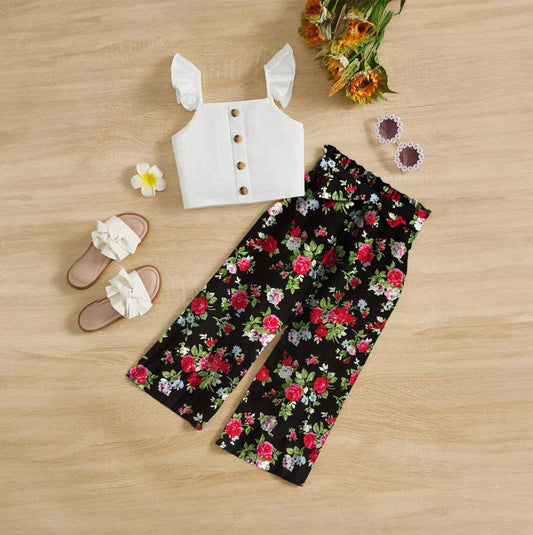 Baby girl white top with black multi floral style pant - #123