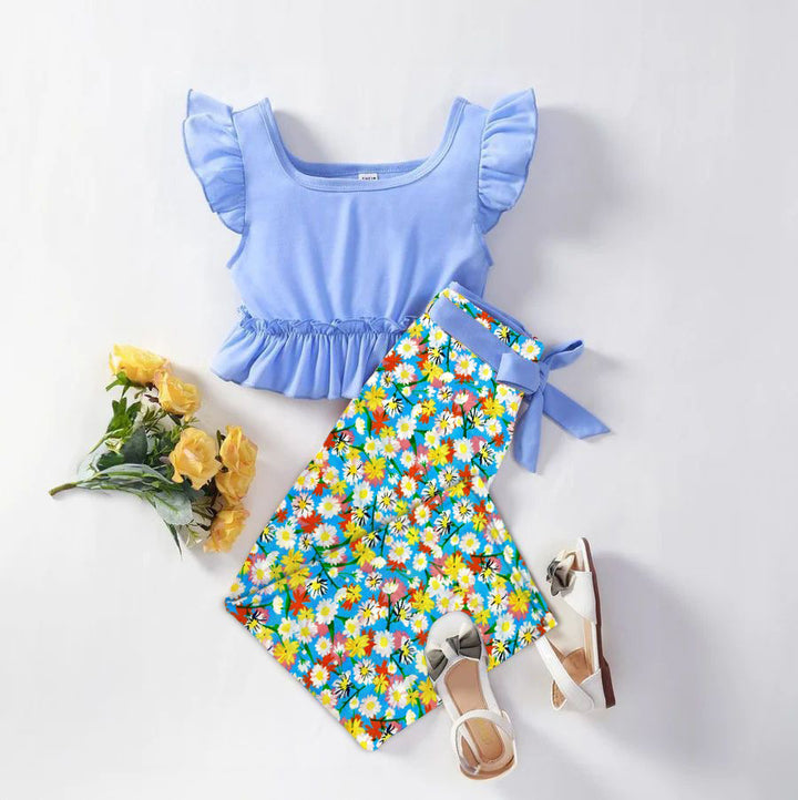 Baby girl blue top with floral style pant - #125