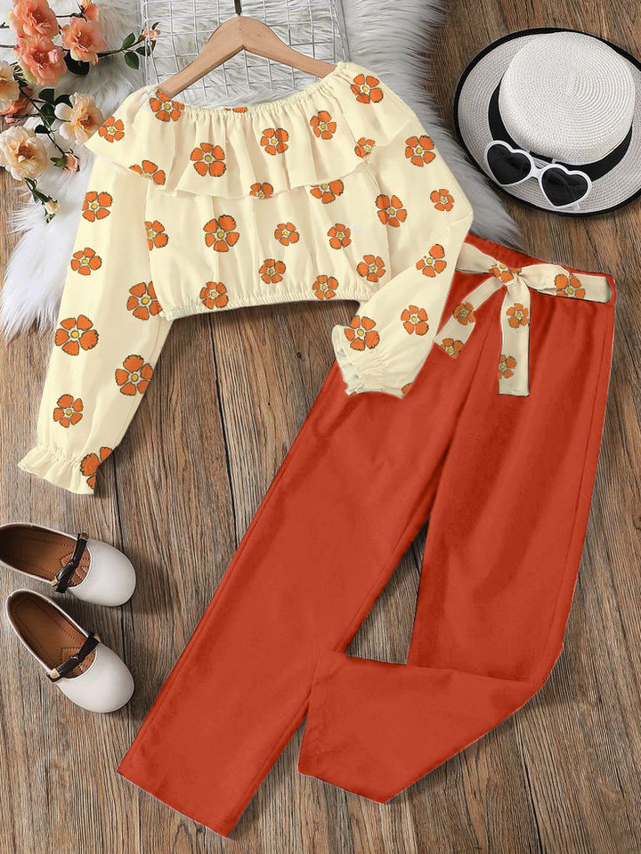 Baby girl floral style top with orange basic pant - #126