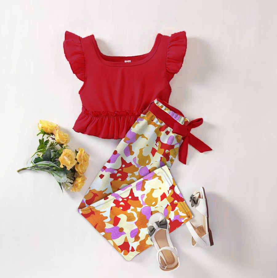 Baby girl red top with multi printed pant - #127