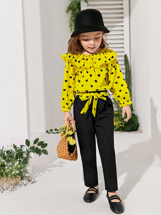 Baby girl yellow heart printed top with black pant - #128