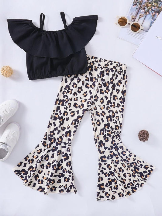 Baby girl black ruffle trim top with cheetah printed flare style pant - #SH-715