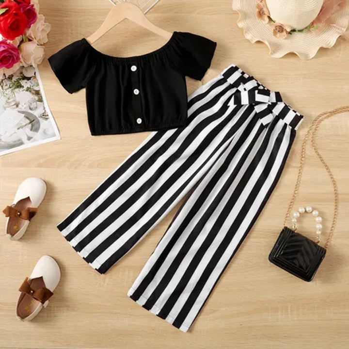 Baby girl black top with striped pant - #L002