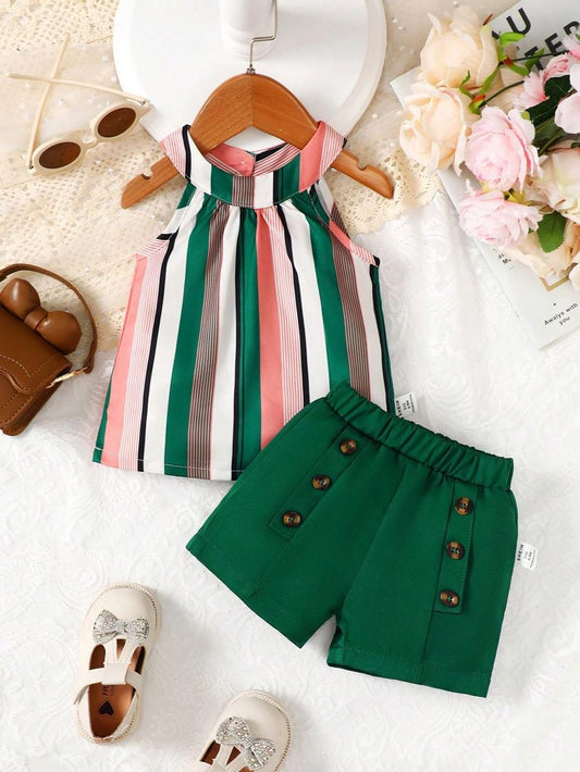 Baby girl multi lining top with bottle green button style short - #SH-714