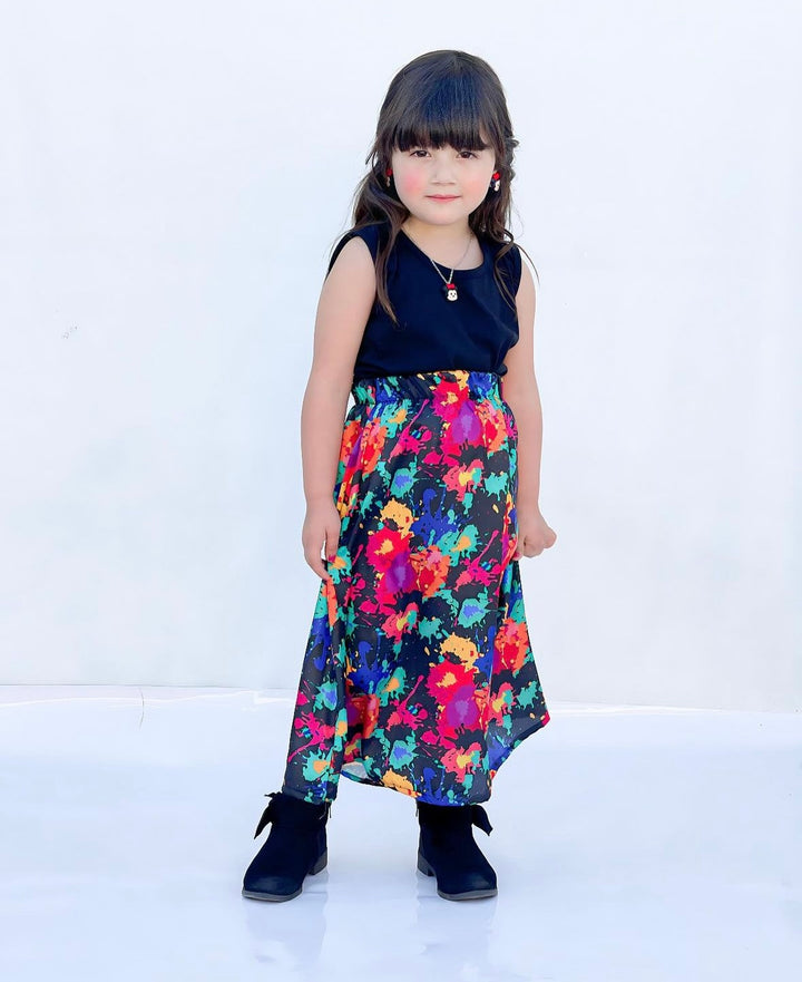 Baby girl black top with multi tie dye style printed skirt - #120