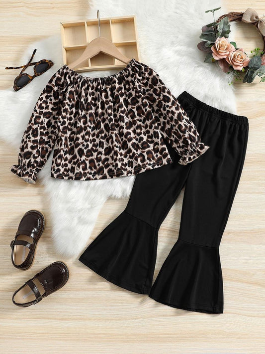 Baby girl cheetah printed top with black pant - #SH-713