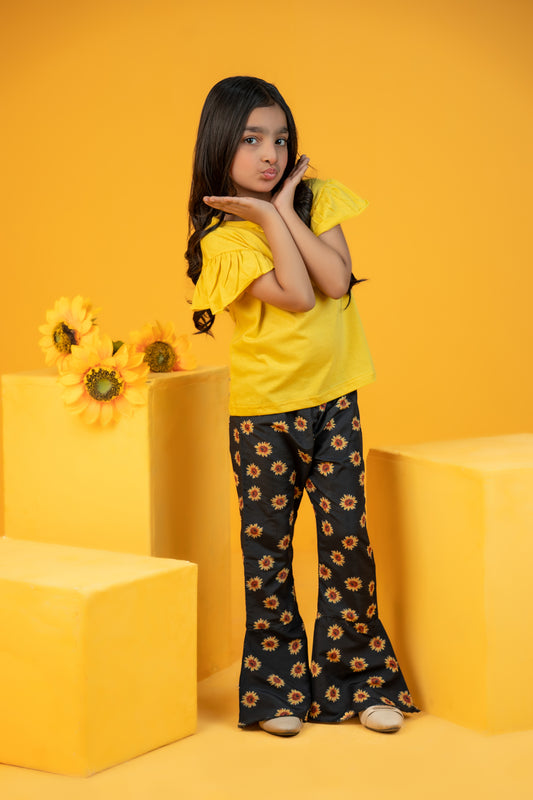 Baby girl yellow trim top with sunflower printed flare style pant - #SH-717