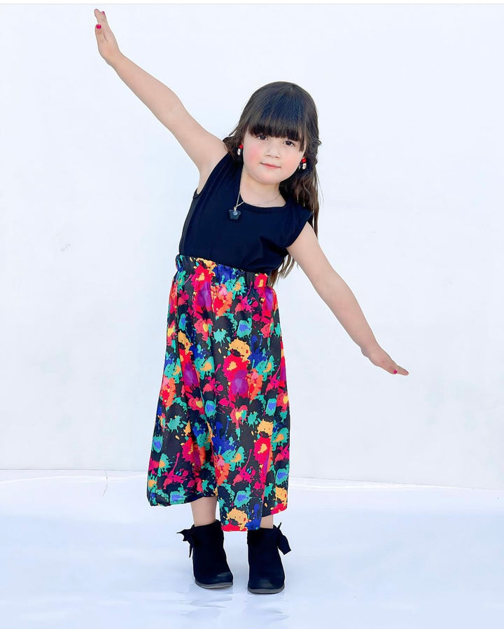 Baby girl black top with multi tie dye style printed skirt - #120