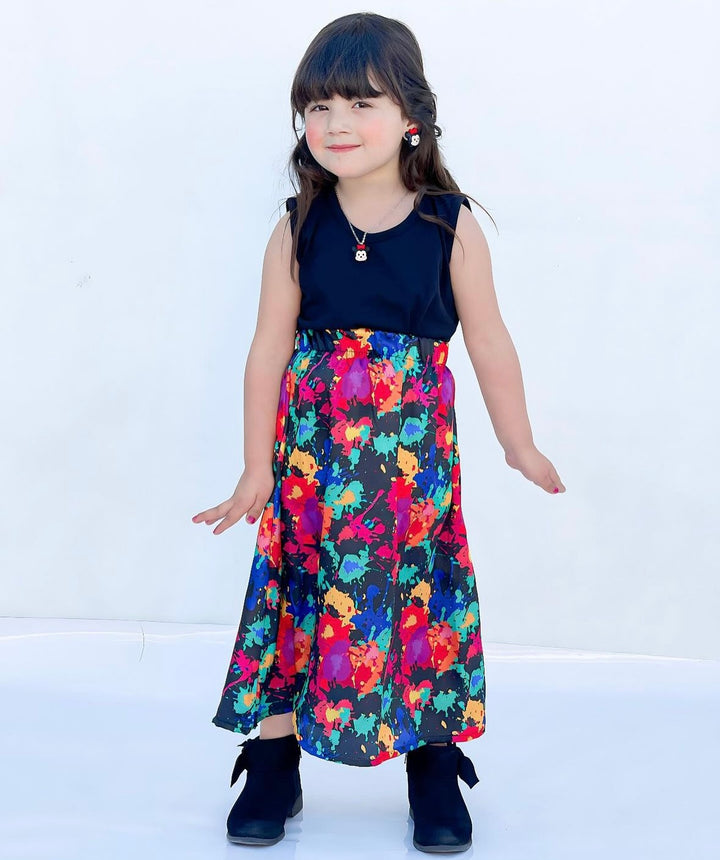 Baby girl black top with multi tie dye style printed skirt - #120