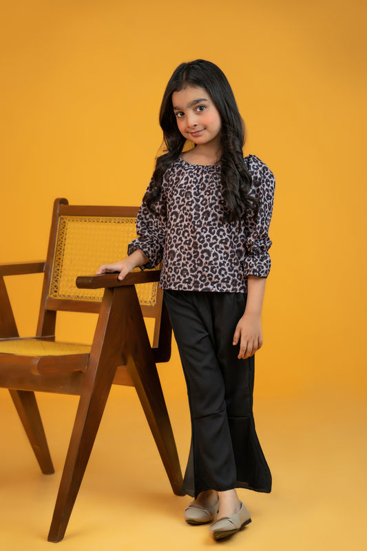 Baby girl cheetah printed top with black pant - #SH-713