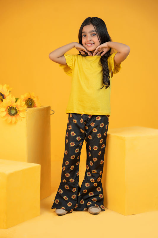 Baby girl yellow trim top with sunflower printed flare style pant - #SH-717